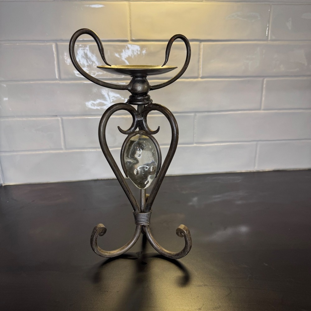 Pier 1 Candle Holder Home Decor 12in Bronze Wrought Iron Glass Orb Vintage
